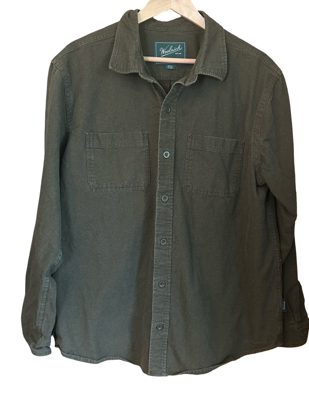 Woolrich Cotton Button Down Flannel Olive Green Sz XL